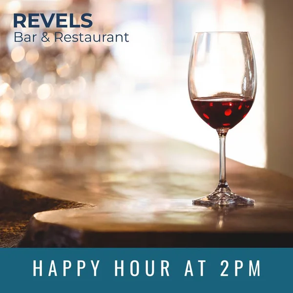 Composition of happy hour at 2pm text over glass of red wine on countertop in bar. Party, celebration and happy hour concept digitally generated image.