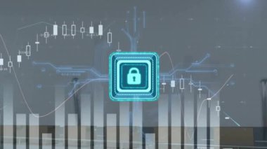 Veri işleme üzerine dijital asma kilit animasyonu. Dijital olarak oluşturulan çevrimiçi siber güvenlik, bağlantılar, hesaplama ve veri işleme kavramı.