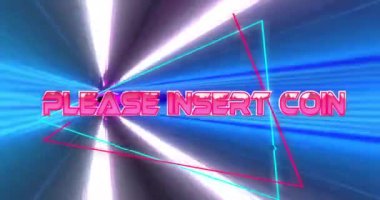 Lütfen siyah arkaplandaki renkli ışıkların üzerine bozuk para metni girin. Şekil, renk, yazı, teknoloji, eğlence ve ışık konsepti dijital olarak oluşturulmuş video.