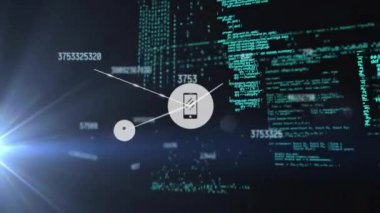 Karanlık arkaplan üzerinde simgeler ve veri işleme ile bağlantı ağının animasyonu. Dijital olarak oluşturulmuş küresel ağ, bağlantılar ve veri işleme kavramı.