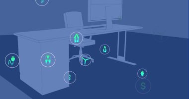 Masadaki bilgisayarın ve ofisteki sandalyenin üzerinde daireler çizerek sürdürülebilir ikonun animasyonu. Dijital olarak üretilmiş, hologram, illüstrasyon, plan, yenilenebilir, geri dönüşüm, işyeri ve yeşil teknoloji.