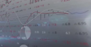 Borsa animasyonu, diyagramlar ve gri arka planda veri işleme. Küresel iş ve dijital arayüz kavramı, dijital olarak oluşturulmuş video.