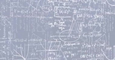 Matematiksel denklemlerin ve diyagramların mavi arka planda canlandırılması. Dijital olarak üretilen hologram, illüstrasyon, vektör, çözümler, toplamlar, formül, öğrenme ve eğitim kavramı.