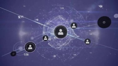 Mor arkaplandaki simgelerle bağlantı ağının animasyonu. Küresel iş, bağlantılar, hesaplama ve veri işleme kavramı dijital olarak oluşturulmuş video.