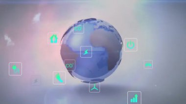 Beyaz arka planda dünyanın dört bir yanındaki yıldırım ve simgelerin animasyonu. Küresel ekoloji, çevre, enerji ve dijital arayüz kavramı dijital olarak oluşturulmuş video.