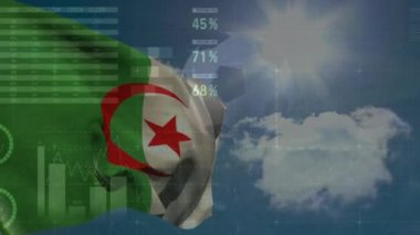 Cezayir bayrağı üzerinde finansal veri işleme animasyonu. Küresel iş, bilgisayar, veri işleme ve bağlantılar konsepti dijital olarak oluşturulmuş video.