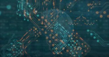 Aydınlatılmış devre kartı deseni ve soyut arkaplan üzerinde dönen dünyanın animasyonu. Dijital olarak üretilmiş, hologram, illüstrasyon, güç kaynağı, küreselleşme ve teknoloji kavramı.