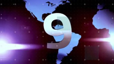 Dünya haritası üzerinde geri sayım animasyonu ve ışık arka planında parlayan noktalar. Geri sayım, yeni yıl, yeni yıl partisi, hareket ve renk konsepti dijital olarak oluşturulmuş video.