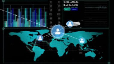 Dünya haritası üzerinde ikonlar ve finansal veri işleme ağları animasyonu. Küresel iş, bilgisayar, veri işleme ve bağlantılar konsepti dijital olarak oluşturulmuş video.