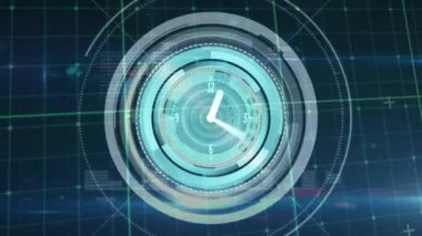 Saatin animasyonu, tarama alanındaki veri işleme. Dijital olarak oluşturulmuş küresel bağlantılar, hesaplama ve veri işleme kavramı.
