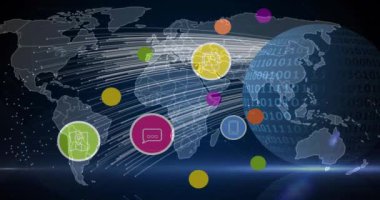 Siyah arka planda dünya haritası olan sosyal medya simgelerinin animasyonu. Küresel iş, iletişim ve veri işleme kavramı dijital olarak oluşturulmuş video.