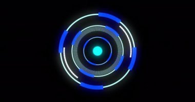 Siyah zemin üzerinde daireler çizerek hareket eden çizgilerin animasyonu. Dijital olarak üretilmiş, hologram, illüstrasyon, aydınlanma, iş, ilerleme, güç arzı ve teknoloji kavramı.