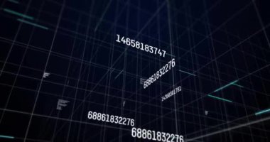 Grafiklerin animasyonu, siyah arkaplan üzerinde ızgara desenli harflerin ve sayıların değiştirilmesi. Dijital olarak üretilmiş, hologram, illüstrasyon, büyüme, kar, üç boyutlu ve iş konsepti.