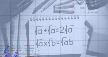 Matematiksel formüller üzerinden finansal veri işleme animasyonu. Küresel öğrenme, iş, bağlantılar, hesaplama ve veri işleme kavramı dijital olarak oluşturulmuş video.
