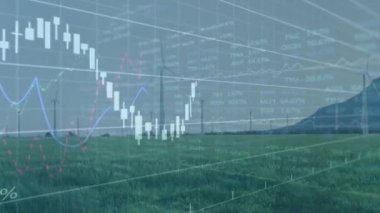 Grafiklerin animasyonu, rakamların değişmesi ve çayırlık arazide yel değirmeni üzerinden ticaret yapmak. Dijital bileşik, çoklu pozlama, rapor, iş, büyüme, borsa ve sürdürülebilir enerji.