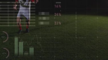 Beyaz erkek futbolcu üzerinden finansal veri işleme animasyonu. Finansal, spor ve dijital arayüz kavramı dijital olarak oluşturulmuş video.