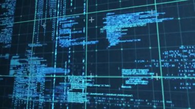 Siyah arkaplanda veri işleme animasyonu. Küresel hesaplama, iş ve dijital arayüz kavramı dijital olarak oluşturulmuş video.