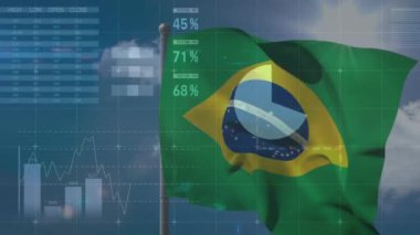 Brezilya bayrağı üzerinde istatistik ve finansal veri işleme animasyonu. Küresel iş, finans, bağlantılar, hesaplama ve veri işleme kavramı dijital olarak oluşturulmuş video.