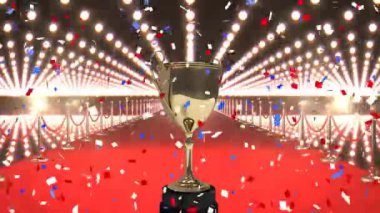 Altın kupa animasyonu ve siyah arka planda kırmızı halının üzerine düşen konfeti. Spor, rekabet, kutlama ve olay konsepti dijital olarak oluşturulmuş video.
