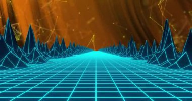 Soyut arkaplan ile bağlantılı noktalar üzerinden ızgara desenli dağların 3D modelinin animasyonu. Dijital olarak üretilen hologram, illüstrasyon, manzara, üç boyutlu ve iletişim konsepti.