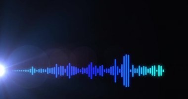 Siyah arka planda hareket eden mercek fişekleri ve dalga şeklinin canlandırılması. Dijital olarak üretilen hologram, illüstrasyon, aydınlatma, ışık, şablon, eşitleyici, spektrum ve soyut kavram.