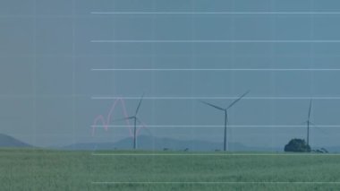 Birden fazla grafiğin animasyonu ve açık gökyüzüne karşı dönen yel değirmeninin üzerinde değişen sayılar. Dijital bileşik, çoklu pozlama, rapor, iş, büyüme, borsa ve sürdürülebilir enerji.