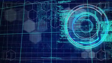 Siyah arkaplanda altıgenler üzerinde veri işleme ile tarama alanının animasyonu. Küresel teknoloji, bilgisayar ve dijital arayüz kavramı dijital olarak oluşturulmuş video.