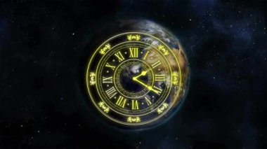 Gece yarısını ve siyah arkaplanda ışık noktalarını gösteren saatin animasyonu. Yeni yıl, yeni yıl arifesi, parti, kutlama ve geleneksel konsept dijital olarak oluşturulmuş video.