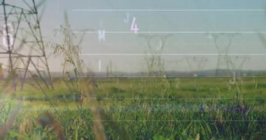 Sahadaki elektrik direklerinin ve hareket halindeki arabaların üzerinde veri işleme animasyonu. Dijital olarak oluşturulan küresel finansman, enerji ve çevre konsepti.