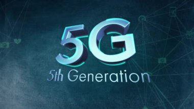 5g 5. nesil metin ve şehir manzarası üzerindeki simgelerle bağlantı ağlarının animasyonu. Dijital olarak oluşturulmuş küresel bağlantılar, hesaplama ve veri işleme kavramı.