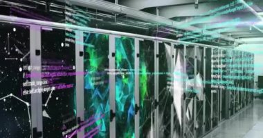 Dünya üzerindeki bilgisayar dilinin animasyonu ve veri sunucu sistemlerindeki bağlantı noktaları. Dijital bileşik, çoklu pozlama, iletişim, küreselleşme, kodlama, veri merkezi, ağ ve teknoloji.