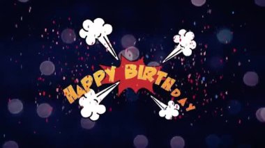 Düşen konfetilerin animasyonu, arka plandaki merceklerin üzerindeki konuşma balonunda mutlu yıllar mesajı. Dijital olarak oluşturulmuş, hologram, illüstrasyon, parti, olay, selamlama ve kutlama kavramı.