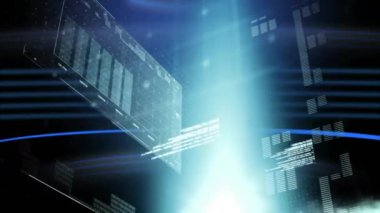 Siyah arka planda finansal veri işleme animasyonu. Küresel finansman, iş ve dijital arayüz kavramı dijital olarak oluşturulmuş video.