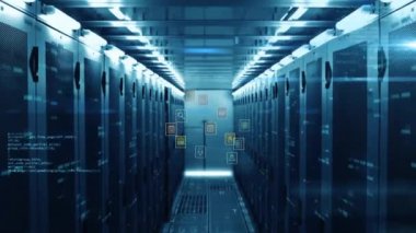 Bilgisayar sunucuları üzerinden veri işleme animasyonu. Küresel iş, bilgisayar, dijital arayüz, bağlantılar ve veri işleme kavramı dijital olarak oluşturuldu.