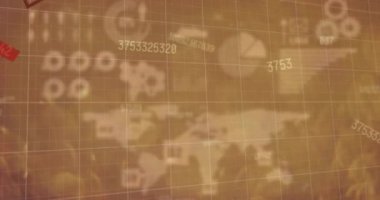 Dünya haritasında finansal veri işleme animasyonu. Küresel finans, iş, bağlantılar, hesaplama ve veri işleme kavramı dijital olarak oluşturulmuş video.