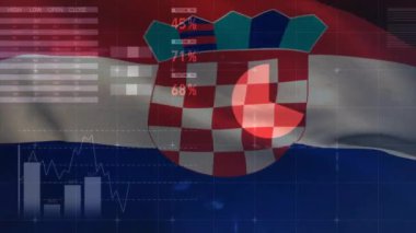 Hırvat bayrağı üzerinde istatistik ve mali veri işleme animasyonu. Küresel iş, finans, bağlantılar, hesaplama ve veri işleme kavramı dijital olarak oluşturulmuş video.