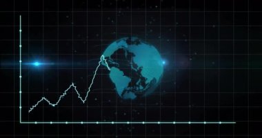 Grafik animasyonu, şebeke deseni, mercek parlamaları ve siyah arkaplan üzerinde dönen dünya. Dijital olarak üretilen hologram, illüstrasyon, rapor, iş dünyası, üç boyutlu ve küreselleşme kavramı.