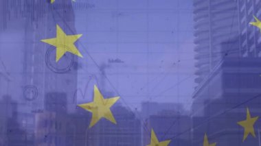 Uzun binaların düşük açılı görüşü üzerinden hareket eden eu bayrağı ve borsa verilerinin işletilmesi. Küresel ekonomi ve finans kavramı