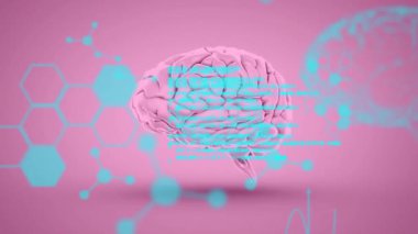 İnsan beyninin animasyonu ve bilimsel veri işleme. Küresel bilim, hesaplama, veri işleme ve bağlantılar konsepti dijital olarak oluşturulmuş video.