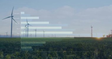 Sahadaki rüzgar türbinlerinin üzerindeki veri işleme ve diyagramlarının animasyonu. Küresel iş ve ekoloji kavramı, dijital olarak üretilen video.