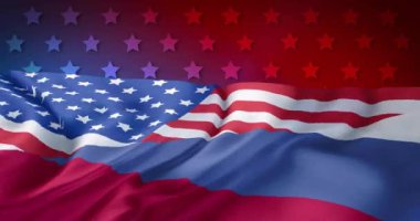 Kırmızı ve mavi arkaplandaki yıldızların üzerinde ABD bayrağının canlandırılması. Vatanseverlik ve kutlama konsepti dijital olarak oluşturulmuş video.