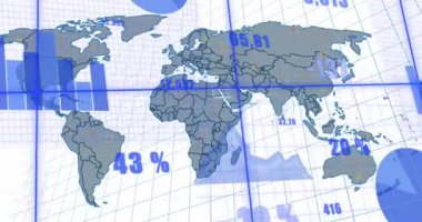 Grafiklerin animasyonu, değişen sayılar, matematiksel denklem ve harita üzerinde diyagramlar. Dijital olarak üretilen hologram, illüstrasyon, rapor, iş dünyası, büyüme, formüller, eğitim ve küresel kavram.