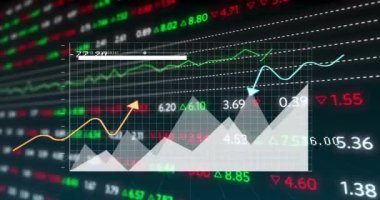 Çoklu grafik animasyonu ve kara fon üzerinde hareket eden borsa verileri. Dijital olarak üretilmiş, iş dünyası, rapor, grafik, yatırım, ticaret, finans ve teknoloji kavramı.