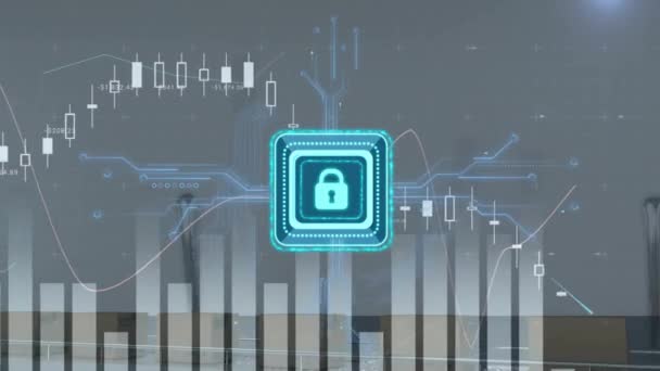 Animação Cadeado Digital Sobre Processamento Dados Global Segurança Cibernética Line — Vídeo de Stock