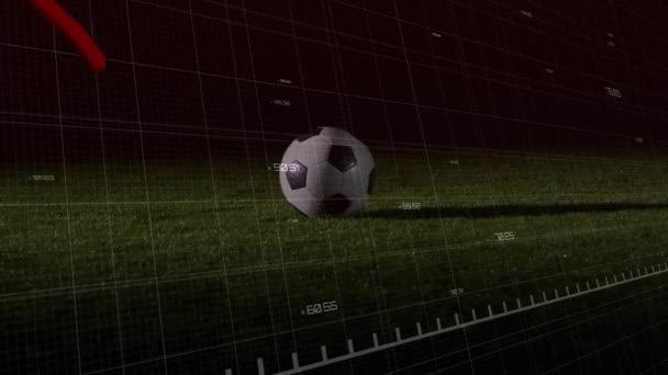 Animering Finansiella Data Bearbetning Över Kaukasiska Fotbollsspelare Sparkar Bollen Globala — Stockvideo
