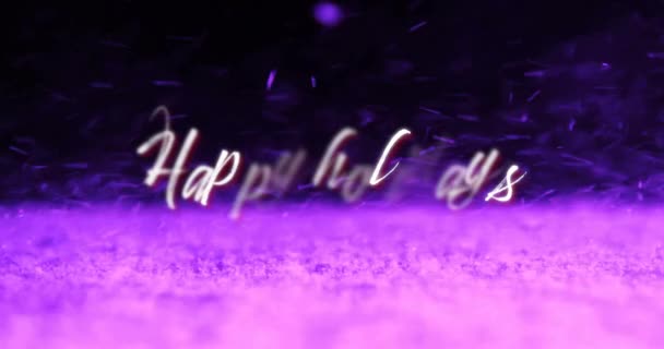 Animación Texto Festivo Feliz Sobre Nieve Púrpura Moviéndose Viento Enérgico — Vídeos de Stock