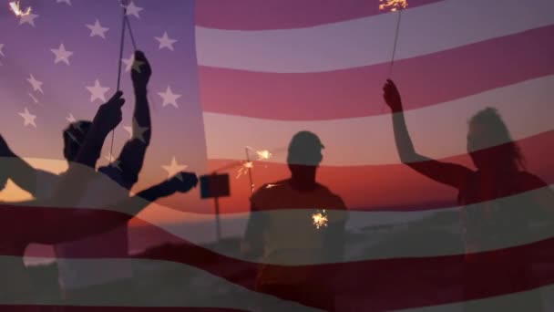 Animation Flag America Happy Diverse Friends Dancing Sparklers Sunset Beach — Stock Video