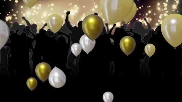 Animering Guld Och Silver Ballonger Över Fläckar Ljus Bakgrund Nytt — Stockvideo