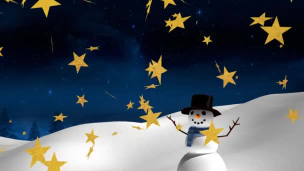 Animación Estrellas Cayendo Sobre Muñeco Nieve Paisajes Invernales Invierno Navidad — Vídeos de Stock