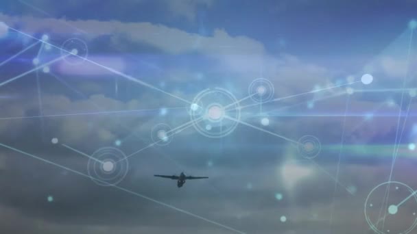 Animacja Połączonych Punktów Nad Niskokątnym Widokiem Samolotu Lecącego Niebie Kompozyt — Wideo stockowe
